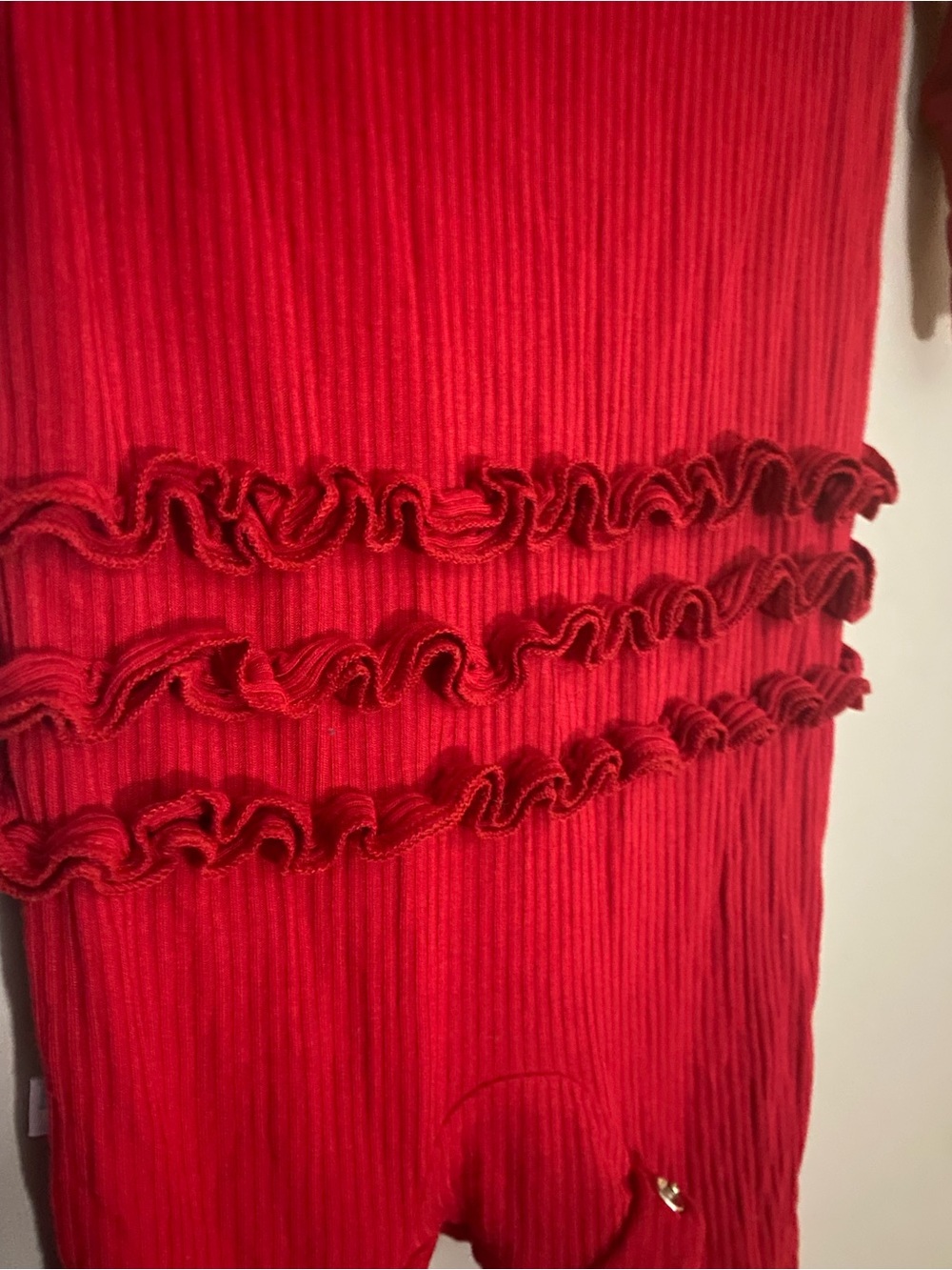 Posh Peanut Red Ribbed Button-Front Footie with Ruffle Back - Picture 3 of 5
